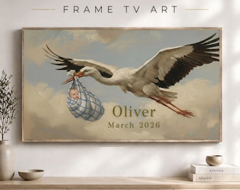 Personalized Baby Shower Frame TV Art, Stork Baby Announcement, Welcome Baby Sign, Samsung Frame TV Art, Nursery Wall Art Digital Download