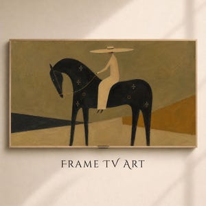 May include: A rectangular wall art piece featuring a painting of a figure in a wide-brimmed hat riding a black horse. The horse is decorated with small white star and circle symbols. The background consists of muted olive, tan, and brown tones.