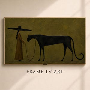 Puede incluir: Una impresión de arte mural rectangular que muestra una figura con un abrigo largo marrón y un sombrero negro de ala ancha sosteniendo una correa fina unida a una gran pantera negra. El fondo es verde oliva texturizado. Texto FRAME TV ART debajo.