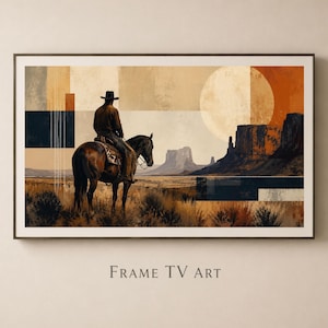 Puede incluir: Una impresión digital enmarcada que muestra a un vaquero a caballo en un paisaje desértico con mesetas, un gran sol y bloques geométricos en azul marino, naranja y beige. El texto FRAME TV ART aparece impreso bajo la obra de arte.