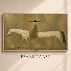 Neutral hästrams-TV-konst | Digital nedladdning i vintage-stil med salviagrönt tryck för Samsung Frame TV | Minimalistisk västerländsk konst