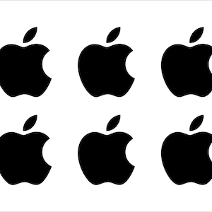 Könnte beinhalten: Sechs schwarze Apfel-Logos mit Biss, angeordnet in zwei Reihen zu je drei auf weißem Hintergrund. Jedes Logo hat ein kleines Blatt oben.