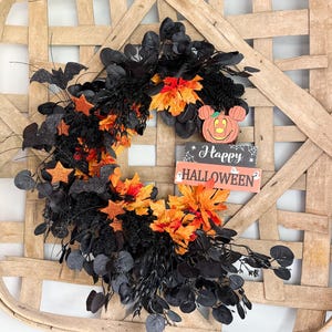 Halloween Wreath: Mickey Mouse Black Foliage, Glitter Bats  Orange Maple Leaves