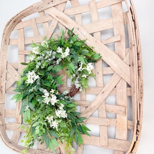 Everyday Greenery Wreath with White Blooms | Farmhouse Grapevine Wreath | Front Door Spring & Summer Décor