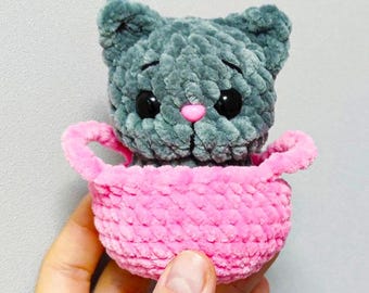 Handmade Crochet Cat in Basket – Amigurumi Plush Toy, Nursery Decor
