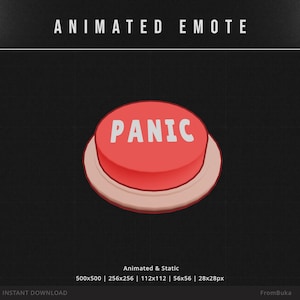 May include: A digital graphic of a round red button with the word PANIC printed in white letters on top. The button sits on a light pink circular base. The text ANIMATED EMOTE is at the top, and the sizes 500x500, 256x256, 112x112, 56x56, 28x28px are below.