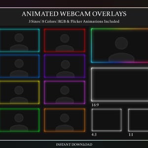 Puede incluir: Superposiciones animadas para webcam en varios tamaños y colores. La imagen muestra múltiples marcos rectangulares con bordes de neón en diferentes colores, incluyendo verde, rojo y morado. El texto superior dice "ANIMATED WEBCAM OVERLAYS". También incluye opciones de relación de aspecto.
