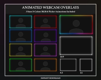 Puede incluir: Superposiciones animadas para webcam en varios tamaños y colores. La imagen muestra múltiples marcos rectangulares con bordes de neón en diferentes colores, incluyendo verde, rojo y morado. El texto superior dice "ANIMATED WEBCAM OVERLAYS". También incluye opciones de relación de aspecto.