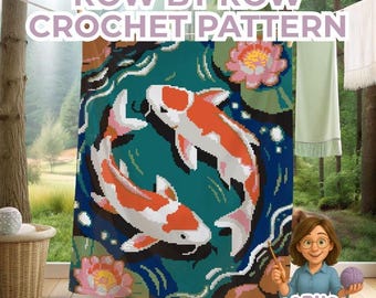 Koi Fish Crochet Blanket Pattern, Japanese Koi Pond Graphgan, Lotus Flower Water Garden Afghan, Zen Home Decor, PDF Download, Sc Hdc Tss