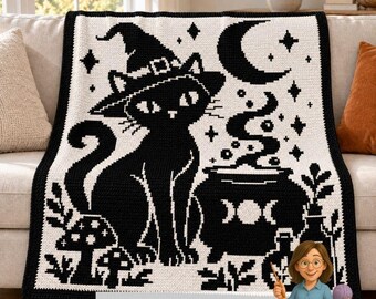 Haakpatroon voor een Halloween mozaïek kattendeken, een zwarte heksenkat mozaïek plaid, een griezelige ketel, en een gotisch Halloween decoratiepatroon (PDF).
