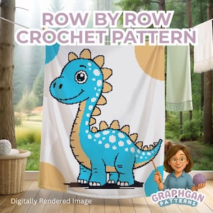 Könnte beinhalten: Digital gerendertes Bild eines Häkelmusters mit einem blauen Dinosaurier mit weißen Punkten und einem beigefarbenen Rückgrat. Der Text "ROW BY ROW CROCHET PATTERN" steht oben. Das Bild enthält auch den Text "Digitally Rendered Image" und das Logo "Graphgan Patterns".