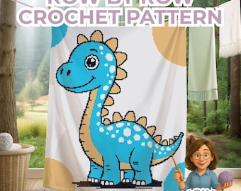 Dinosaur Blanket Crochet Pattern – Baby Dino Graph Chart, Easy Sc Hdc Dc Tunisian Tapestry, Cute Blue Boy Gift for Crib Cot Bed Stroller