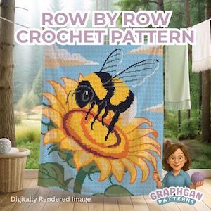 Op de afbeelding: Een digitaal weergegeven haakpatroon met een bij op een zonnebloem tegen een blauwe lucht. De tekst "ROW BY ROW CROCHET PATTERN" staat bovenaan. De afbeelding is van Graphgan Patterns.