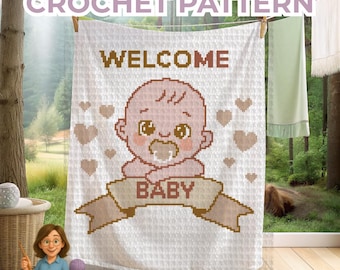 Welcome Baby Crochet Blanket Pattern, Gender neutral graphgan throw for nursery decor, baby shower gift, cot, pram or swaddle.  Sc, Hdc, Tss