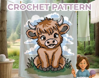 Highland Cow Crochet Blanket Pattern - Cute farm animal Graphgan -  Rustic Farm Animal Afghan Baby Shower Gift Nursery Decor Easy Sc Hdc Tss
