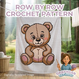 May include: A digitally rendered image of a crochet pattern featuring a teddy bear design. The bear is brown with pink accents and is displayed on a white background. The text "ROW BY ROW CROCHET PATTERN" is at the top.