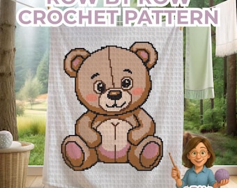 Teddy blanket crochet pattern. Cute bear afghan for newborn baby nursery decor, cot or baby shower gift ~ SC HDC TSS Tapestry crochet