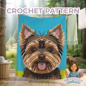 May include: A crochet pattern featuring a Yorkshire Terrier dog design. The dog is rendered in shades of brown, gray, and black against a bright blue background. The words "CROCHET PATTERN" are at the top. The words "Digitally Rendered Image" are at the bottom.