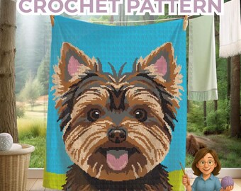 Dog Crochet Blanket pattern: Yorkshire Terrier Dog-Lover throw.  Animal gift home decor. Easy Pattern Sc, Hdc, Tss, Tapestry, Intarsia.
