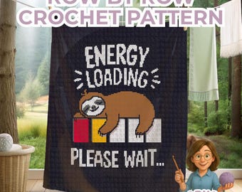Sloth Crochet blanket pattern | Modern sleepy animal graphgan throw PDF for home decor or snuggly afghan gift. Sc Hdc TSS.