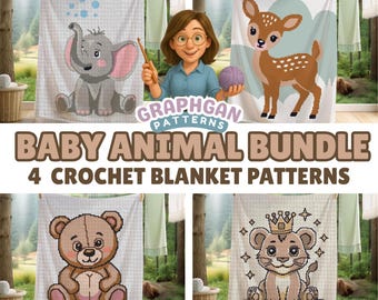 Babydeken met dierenmotief, haakpatroonbundel voor pasgeboren baby's, kraamcadeau of decoratie voor de babykamer. Vaste steken, halve stokjes, stokjes, tapijtsteek. Eenvoudig PDF-patroon.