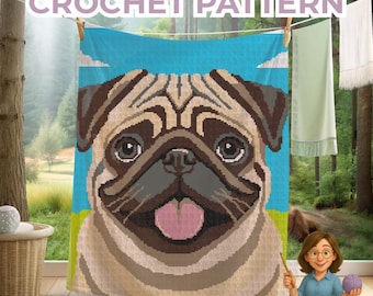 Dog Crochet Blanket pattern: Pug Dog-Lover throw.  Animal gift or home decor. Easy Pattern Sc, Hdc, Tss, Tapestry, Intarsia Graphgan. PDF.