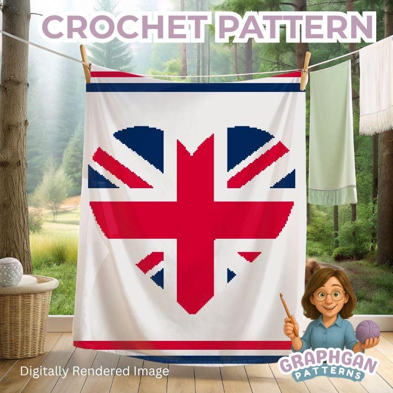 Union Jack Heart Crochet Blanket Pattern PDF British UK Flag Graphgan Afghan Throw Red White Blue Home Decor Gift Easy...