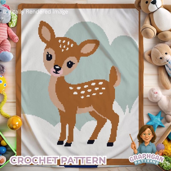Schema per coperta all'uncinetto a forma di cervo in formato PDF - Facile da usare con schema e riga per riga - Decorazione per la cameretta dei bambini, regalo per baby shower, schema per coperta da culla