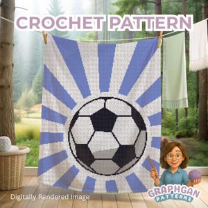Pode incluir: Um padrão de crochê com um design de bola de futebol e raios azuis e brancos. O texto "CROCHET PATTERN" está no topo. A imagem é renderizada digitalmente e inclui o logotipo Graphgan Patterns.