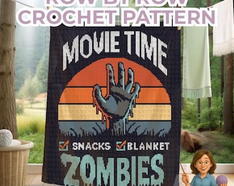 Horror Crochet Blanket Pattern | Zombie movie halloween Graphgan for modern Home Decor or Afghan gift for movie lover. Sc Hdc Tss.