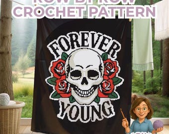 Skull and Roses Crochet Blanket Pattern, Gothic Graphgan, Tattoo Style Throw, Halloween Decor, Rose Skull Afghan,  PDF Chart, Sc Hdc Tss