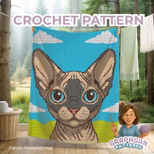 May include: A digitally rendered crochet pattern featuring a Sphynx cat with large blue eyes against a blue sky background with white clouds. The text "CROCHET PATTERN" is at the top. The image also includes the text "Graphgan Patterns".