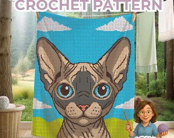 Cat Crochet Blanket pattern: Sphinx Cat-Lover throw.  Animal gift for cat mom or home decor. Easy Pattern Sc, Hdc, Tss, Tapestry, Intarsia.