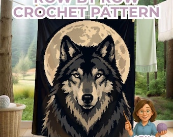 Wolf Crochet Blanket Pattern, Wolf Portrait Full Moon Graphgan, Wildlife Afghan, Rustic Cabin Decor, Tapestry Crochet PDF Sc Hdc Tss