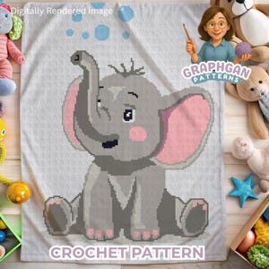 Peut inclure: Une couverture au crochet grise et rose avec un motif d'éléphant de dessin animé. L'éléphant a de grandes oreilles roses et souffle des bulles. Les mots "CROCHET PATTERN" sont imprimés en bas de la couverture.