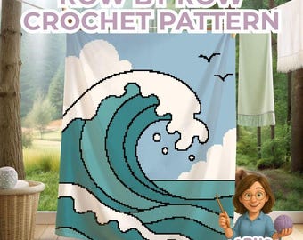 Ocean Crochet Blanket Pattern, Blue Waves Graphgan, Coastal Sea Afghan, Beach House Decor Throw, Tapestry Crochet PDF Sc Hdc Tss