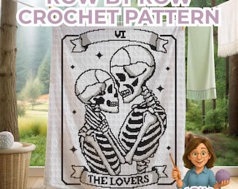 The Lovers Tarot Crochet Blanket Pattern - Skeleton Graphgan, Sdc Hdc Dc Tss Gothic tapestry crochet skull roses home decor afghan