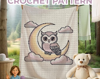 Baby Owl crochet blanket pattern | gender neutral boho afghan for nursery decor, toddler cot, stroller, or baby shower gift Sc, Dc, Hdc, Tss
