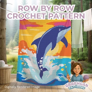 May include: A digitally rendered crochet pattern featuring a blue dolphin leaping from the ocean against a sunset backdrop. The text "ROW BY ROW CROCHET PATTERN" is displayed at the top. The image also includes the text "Digitally Rendered Image" and the "Graphgan Patterns" logo.