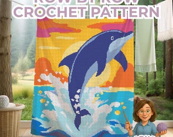 Dolphin Crochet Blanket Pattern | Ocean marine Life Aghan design for Sc Hdc Dc & tunisian or tunisian graphgan. Easy chart instructions.