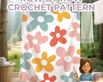 Wildflower Crochet Blanket Pattern, Bold Floral Graphgan, Colourful Meadow Flower Tapestry Afghan, Modern Home Decor Throw PDF Sc Hdc Tss