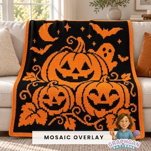 Halloween mosaik pumpa filt virkmönster, pumpa fält överlägg mosaik afghansk, Jack O'Lantern pläd, läskig höst virkad PDF