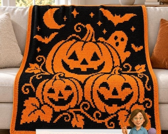 Halloween Mosaic Pumpkin Blanket Crochet Pattern, Pumpkin Patch Overlay Mosaic Afghan, Jack O Lantern Throw, Spooky Autumn Crochet PDF
