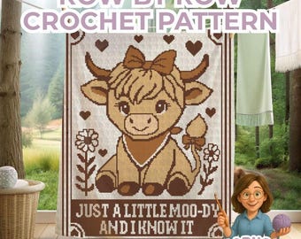 Highland Cow Crochet Blanket Pattern - Cute Moody Calf Graphgan -  Rustic Farm Animal Afghan Baby Shower - Adult Teen Gift Easy Sc Hdc Tss