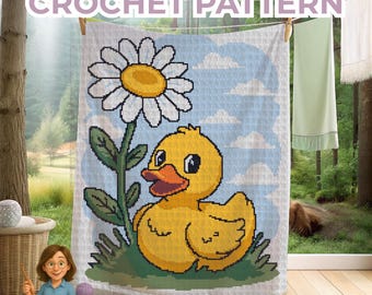 Duck Crochet Blanket Pattern | Cute animal afghan throw for baby, toddler nursery decor. Cute gift for cot or stroller graphgan. Sc Hdc Tss