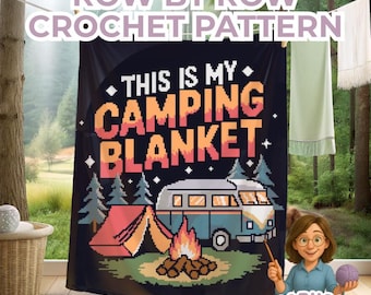 Haakpatroon kampvuurdeken - Kamperen Camper Scene Graphgan Outdoor Natuur Afghaans Sc Hdc Dc Tunesische PDF rij voor rij