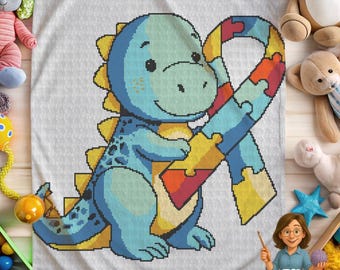 Autism Crochet Pattern | Dinosaur with jigsaw puzzle Graphgan blanket Easy Sc Hdc Dc Tss Tapestry Gift or decor for autism awareness