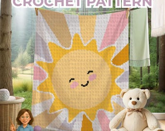 Sunshine Baby Crochet Blanket, Gender neutral nursery graphgan or baby shower gift. Easy Afghan pdf tapestry pattern. Sc, Hdc, Dc, TSS.