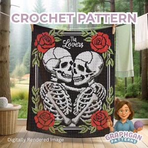 May include: A black crochet blanket featuring a pixelated design of two skeletons embracing, with the text "The Lovers" above them. Red roses and green leaves frame the skeletons. The words "CROCHET PATTERN" are at the top.