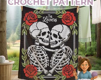 The Lovers Tarot Crochet Blanket Pattern - Skeleton Graphgan, Sdc Hdc Dc Tss Gothic tapestry crochet skull roses home decor afghan